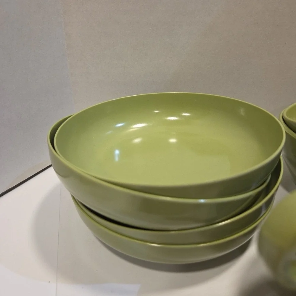 Vtg Prolon Melmac #7403 Olive Avocado Green Melamine Coffee Tea Cups Bowls Set 8